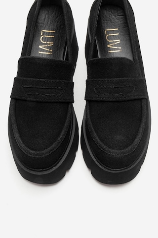 Luvishoes Santıa Siyah Süet Kadın Kalın Tabanlı Loafer Ayakkabı Siyah