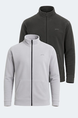 Slazenger Sansa 2 Li Set Erkek Fermuarlı Dik Yaka Cepli Gri - Koyu Gri Polar Gri - Koyu Gri