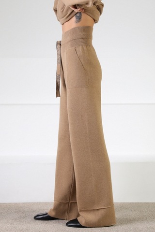 Ferraro Camel Beli Kuşaklı Cepli Kaşmirli Kadın Triko Pantolon Camel