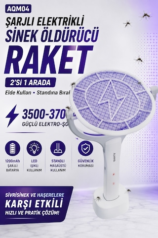 Aqm04 Şarjlı Elektrikli Auhma Sinek Öldürücü Raket 3500-3700v , Standlı Masaüstü Kullanım, Led Işıklı, 1200mah