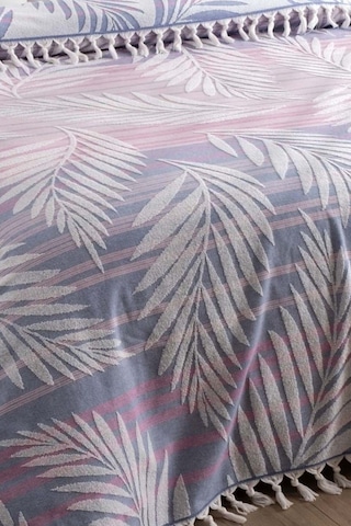 %100 Pamuk Havlu Saçaklı Bukle Yatak Örtüsü - Çift Kişilik & Püsküllü Pike - Bordo Çizgili İndigo İndigo