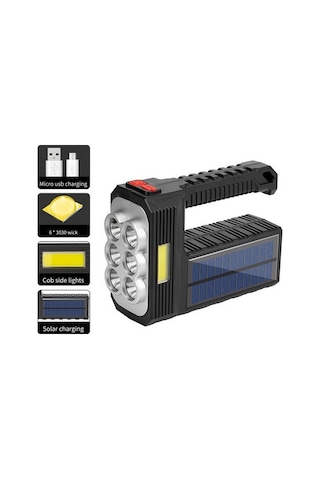 Ebitda 6-lambalı Güneş Enerjili El Feneri - Siyah W5116-1 Güçlü Işık, Dış Mekan Uygun, Usb Şarj, Yüksek Su Geçirmez Siyah