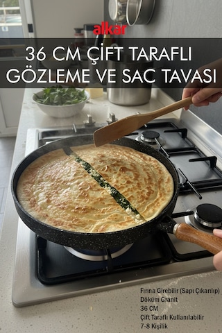 36 Cm Çift Taraflı Sapı Çıkarılıp Fırına Atılabilir Gözleme Ve Et Pişirme Izgara Tavası Döküm Granit Siyah