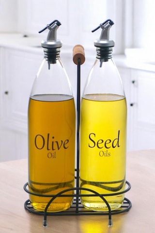 Digithome Aura 2'li Siyah Metal Standlı Ahşap Saplı Yağdanlık Seti Şeffaf Etiketli Cam Yağlık 1000 Ml Cys-19 Siyah