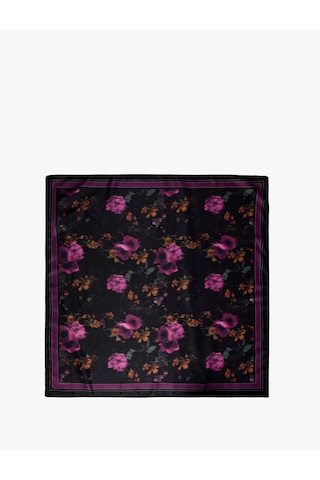 Koton Çiçek Desenli Saten Kare Fular Bandana Siyah 7wak50330aa