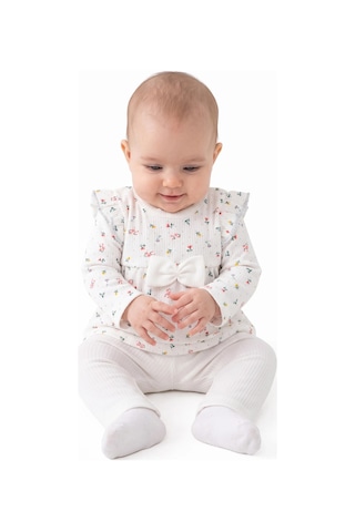 Bebegen Kız Bebek Ekru Renkli Minik Çiçek Desenli Fırfırlı Pijama Takımı