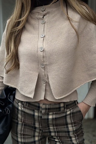 Bej Pelerin Detaylı Triko Hırka - 1317 Bej