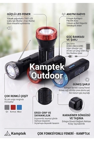 Kamptek Çok Fonksiyonlu Solar El Feneri Radyo + Powerbank + Led Işık Deprem Çantalık Diğer
