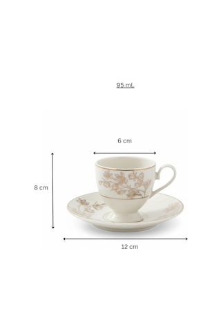 Vio Vintage Yaldızlı Çiçekli Model 6 Kişilik Porselen Krem Kahve Fincan Takımı 100 Ml. Krem