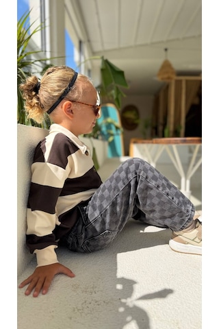 Ponki Unisex Çocuk Yaka Detaylı Teddy Armalı Çizgili Sweatshirt Kahverengi