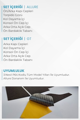 Peugeot 3008 Iıı / P64 Uyumlu Konfor Seti - Araç İçi Eşya Ceplerine Özel Kumaş Kaplama Allure / Kapaksız Cep