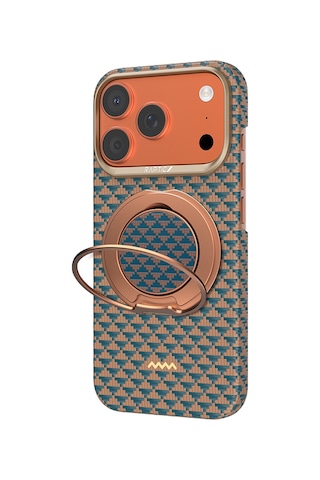 Apple iPhone Uyumlu 17 Pro Kılıf Raptic 2in1 Bundle Kit Aramid Skin Destiny Serisi Stand Ve Kapak Gold-mavi