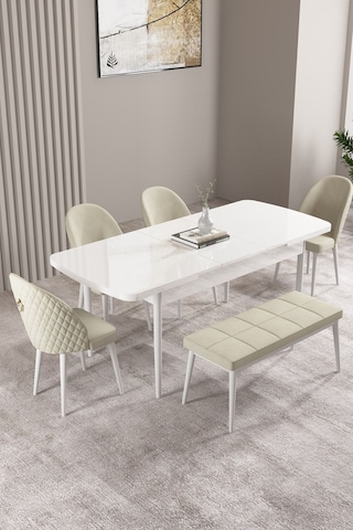 Milas Beyaz 80x132 Mdf Açılabilir Yemek Masası Takımı 4 Sandalye, 1 Bench Krem