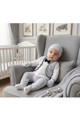 Zeynuko Erkek Bebek Papyonlu Little Man 5'li Yenidoğan Hastane Çıkışı Zıbın Seti gri