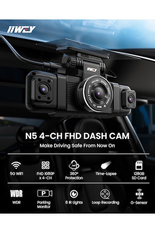 Iıwey N5 Araç Kamerası 4 Kanallı 360 Araba İçin Kamera - 1080p Ön, Arka, İç, Yanlar - Gece Görüşü, G-sensörü, Park Modu, 5g Wifi Ve Uygulama, Dahil. 128gb Sd Kart