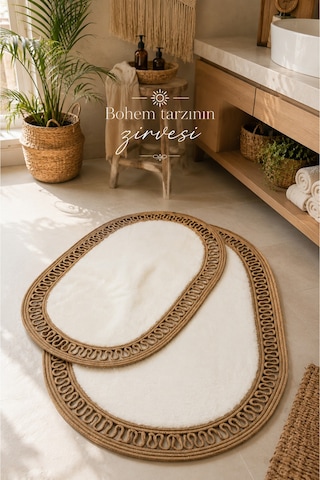 El Yapımı Bohem Banyo Paspası 2'li Peluş Kaymaz Jel Taban 40x60 Cm Ve 60x100 Cm Beyaz