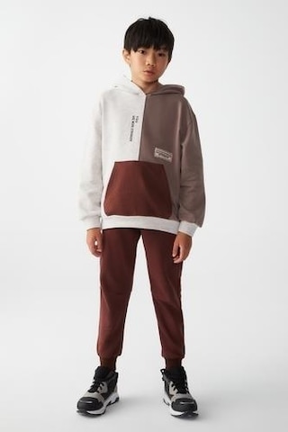 Erkek Çocuk Kapüşonlu Kanguru Cepli Renk Bloklu Sweatshirt-13017-vizon Vizon