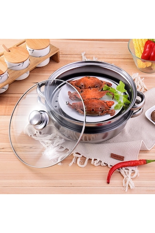 Hangfox 28cm Çift Katlı Paslanmaz Çelik Yemek Tenceresı - Buğulama & Kaynatma Fonksiyonu - Kaliteli Ev Aletı Gri