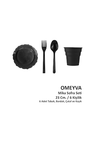 Omeyva 23 Cm. Mika Siyah Şık Parti Piknik Seti - 6 Kişilik Tabak Bardak Çatal Kaşık Takımı