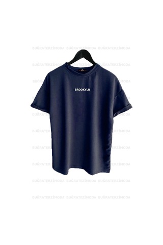 Noıssey Buğraterzimoda Brooklyn Baskılı Bol Kalıp Unisex Lacivert Oversize T-shirt Btmbt789876