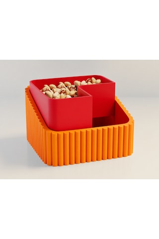 3d Baskı Fıstık Kasesi - Çift Hazneli Kabuk Ayırıcı Sunum Kasesi - Turuncu Kırmızı