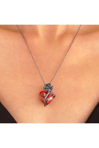Kadın Kolye Heartrose Kadın Kolye Gül Kalp Detaylı Gotik Koyu Zincir Tasarım Çok Renkli