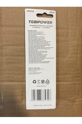 TGB CR2032 3V Lityum Düğme Pil 5'li