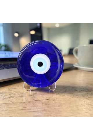 Masa Üstü El Yapımı Cam Nazar Boncuğu - 12 Cm - Şeffaf Ayaklı