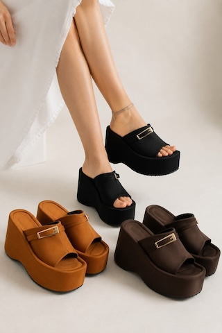 Dabab Shoes Lunara Kadın 3'lü Paket Tokalı 10 Cm Platform Topuklu Kalın Taban Terlik Sandalet Taba - Kahve - Siyah Kahverengi - Taba