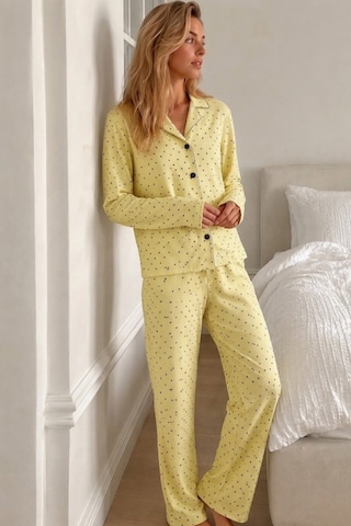 Womanandkids Gri Kadın Puantiyeli Uzun Kollu Düğmeli Pijama Takımı sarı