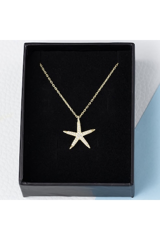 Deniz Yıldızı Model Zirkon Taşlı 925 Ayar Gümüş Gold Rengi Kadın Kolye Gold