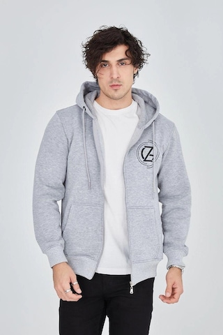 Erkek 3 İplik Pamuklu Fermuarlı Kapüşonlu Kanguru Cepli Baskılı Hoodie Hırka Sweatshirt - Gri