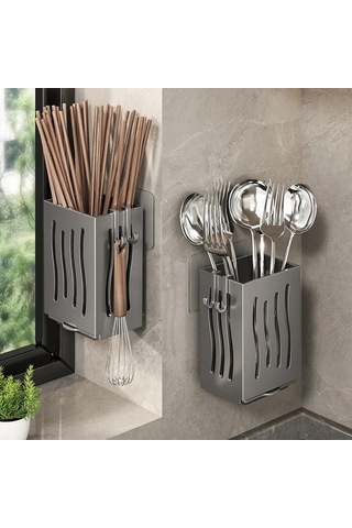 Gri Mutfak Eşyası Rafı-çok Fonksiyonlu Drenaj Çubuk Tutucu, Duvara Monte Veya Bağımsız Çatal Saklama Kutusu, Plastik