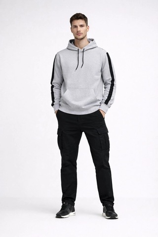 Barlashive Erkek Şeritli Kapüşonlu Oversize Sweatshirt 3 İplik Pamuklu Hoodie - Beyaz Çok Renkli
