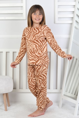 Kaplan Desenli Kız Çocuk Pijama Takımı Kahverengi