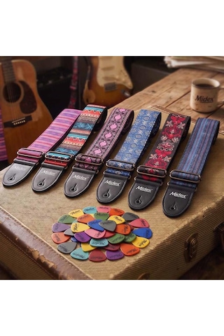 Midex Gsr-6x Özel Tasarım Desenli 6 Lı Gitar Omuz Askısı Ve Pena Seti 90-145 Cm Uzunluk