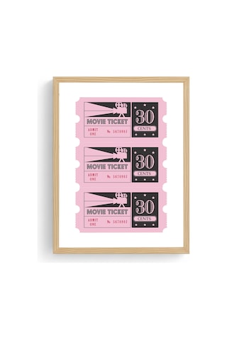 Doğal Ahşap Çerçeveli Retro Sinema Bileti Tablo - Pembe Geçmişten Tasarım Huhu2375