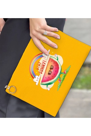 Bk Gift Yaz Temalı-7 Astarlı Sarı Portföy Çanta 30x21cm, Baskılı El Çantası, Organizer Çanta