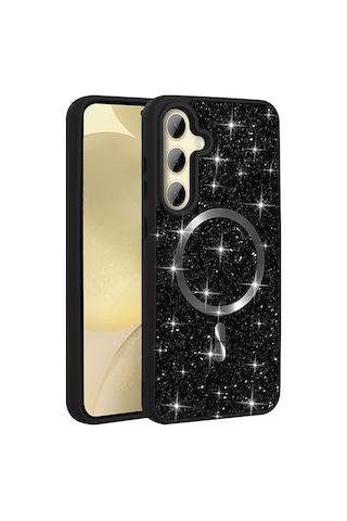 Maks Technology Galaxy Uyumlu S26 Plus Kılıf Pırlanta Tasarımlı M-safe Şarj Özellikli Mkst Mozaik Silikon Kapak - Siyah