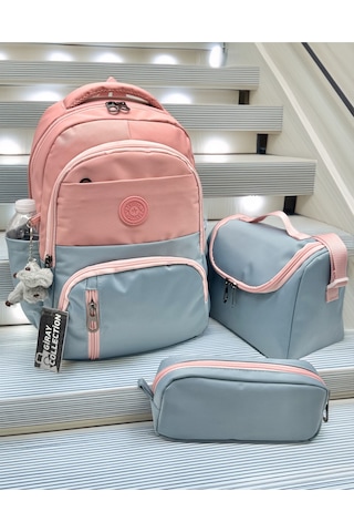 İlk Okul Çantası 3'lü Seti Unisex Çocuk İlkokul Çantası Gry-8010 Pudra-mavi Fuşya