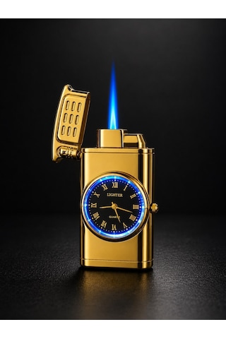 Premium Saatli Ledli Metal Çakmak Özel Lüks Çakmak Prestij Hediye Dolu Gönderim Gold