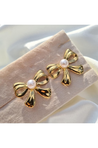 Luxe Pearl Bow Küpe Altın