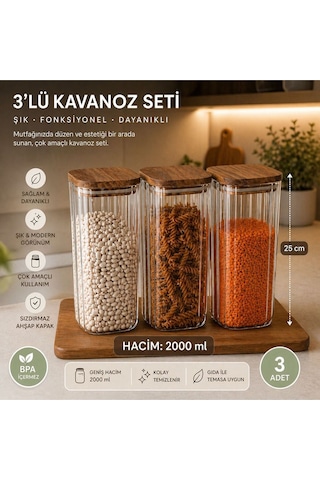 3 Adet Cam 2000 Ml 2 Litre Mega Boy Akasya Vakumlu Kapak Erzak Kavanozu Saklama Kabı Kahverengi