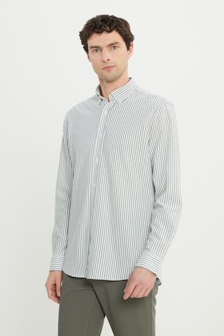 Ac&co Erkek Hakı Pamuklu Oxford Comfort Fit Düğmeli Yaka Çizgili Gömlek Haki