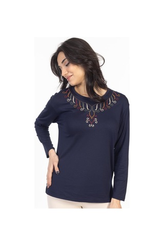 Yeni Model 2024 Nakış İşlemeli Yuvarlak Yaka Likralı Anne Penye Bluz 6450-lacivert