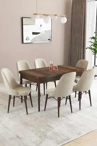 Familieconcept Almira Serisi, Barok Ahşap Desen 80x132 Açılabilir Mdf Mutfak Masası Takımı 6 Adet Sandalye Krem