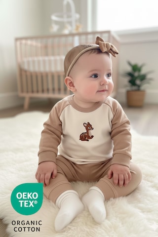 Luppinos Baby Deer Unisex 2li %100 Pamuk Nakışlı İki İplik Alt Üst Takım Bej - Camel