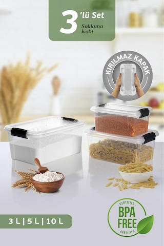 3'lü Kilit Kapak 3-5-10 Lt Erzak Saklama Kabı Çok Amaçlı Düzenleyici Kutu Deterjan Un Bakliyat Kabı Şeffaf