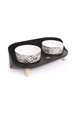 M-pets Altitude Urban Style Double Raised Pet Bowl 2li Siyah Beyaz