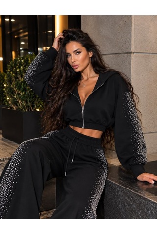 Hazego Kadın Taş Baskı Detaylı Fermuarlı Crop Sweatshirt Ve Geniş Paça Eşofman Takımı Siyah
